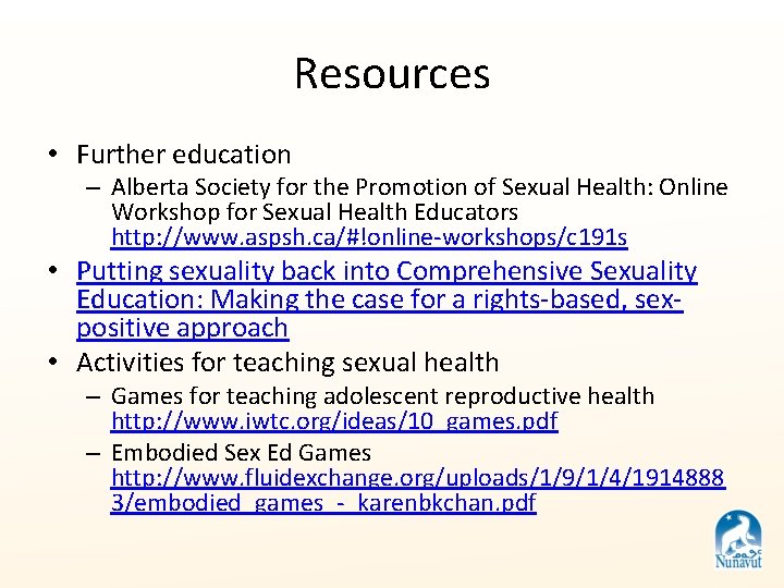 Resources • Further education – Alberta Society for the Promotion of Sexual Health: Online