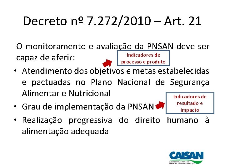 Decreto nº 7. 272/2010 – Art. 21 O monitoramento e avaliação da PNSAN deve