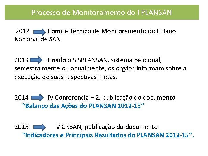 Processo de Monitoramento do I PLANSAN 2012 Comitê Técnico de Monitoramento do I Plano