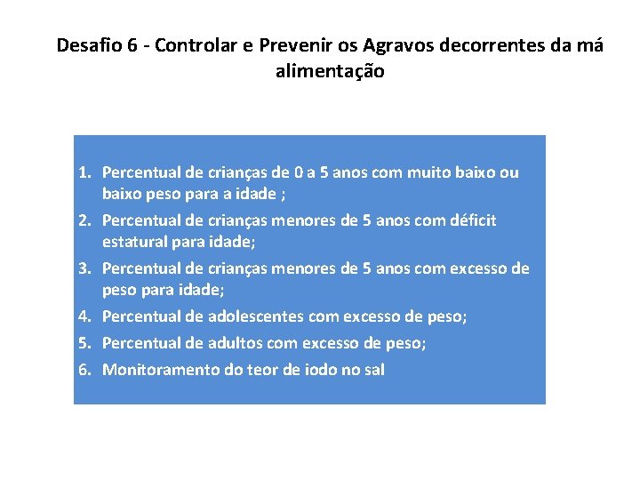 Desafio 6 - Controlar e Prevenir os Agravos decorrentes da má alimentação 1. Percentual