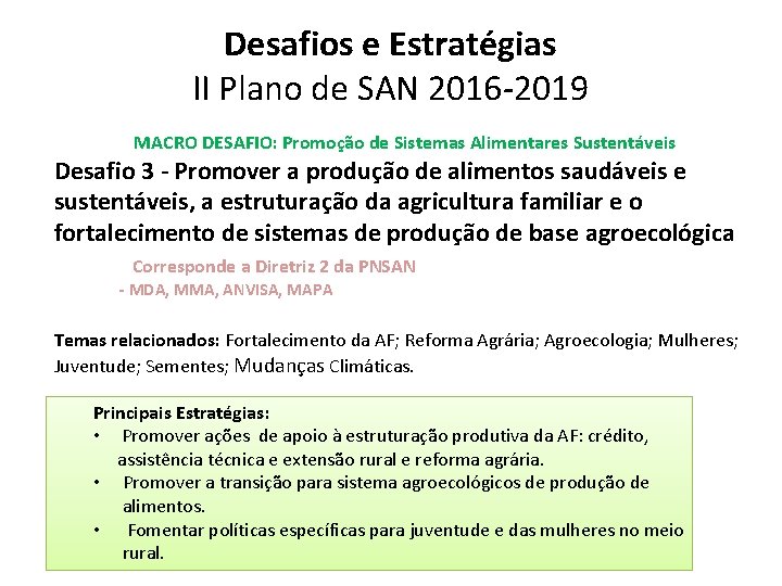 Desafios e Estratégias II Plano de SAN 2016 -2019 MACRO DESAFIO: Promoção de Sistemas