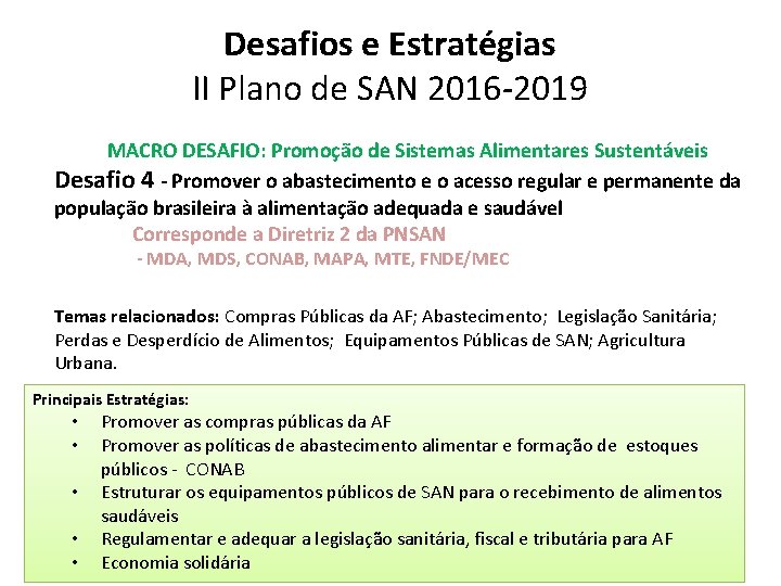 Desafios e Estratégias II Plano de SAN 2016 -2019 MACRO DESAFIO: Promoção de Sistemas Desafios e Estratégias II Plano de SAN 2016 -2019 MACRO DESAFIO: Promoção de Sistemas