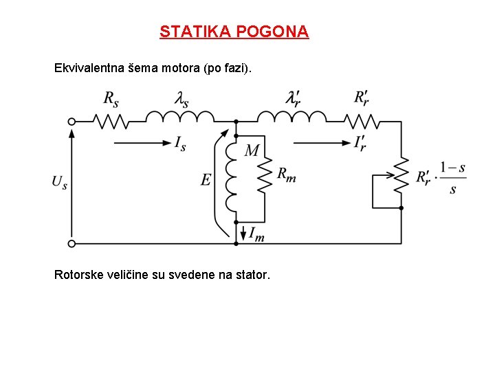 STATIKA POGONA Ekvivalentna šema motora (po fazi). Rotorske veličine su svedene na stator. STATIKA POGONA Ekvivalentna šema motora (po fazi). Rotorske veličine su svedene na stator.