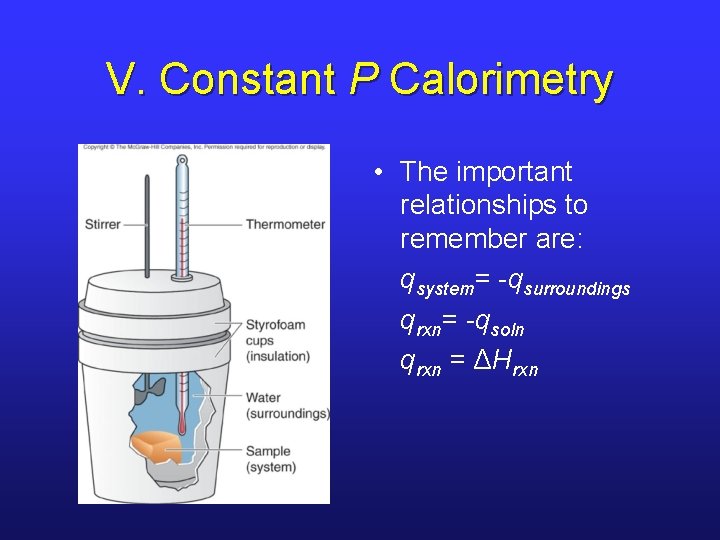 V. Constant P Calorimetry • The important relationships to remember are: qsystem= -qsurroundings qrxn= V. Constant P Calorimetry • The important relationships to remember are: qsystem= -qsurroundings qrxn=