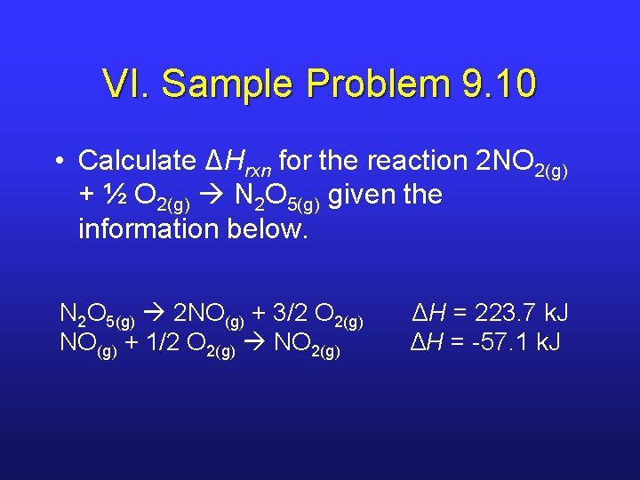VI. Sample Problem 9. 10 • Calculate ΔHrxn for the reaction 2 NO 2(g) VI. Sample Problem 9. 10 • Calculate ΔHrxn for the reaction 2 NO 2(g)