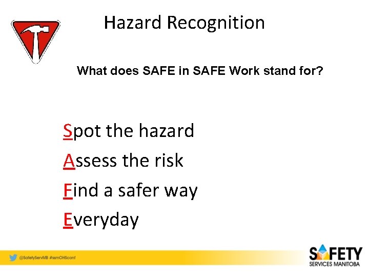 Hazard Recognition What does SAFE in SAFE Work stand for? Spot the hazard Assess