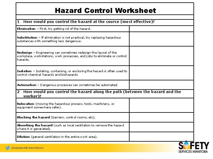 Hazard Control Worksheet 1 How would you control the hazard at the source (most