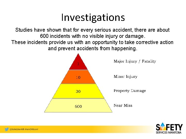 Investigations Studies have shown that for every serious accident, there about 600 incidents with