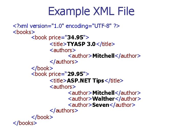Example XML File <? xml version="1. 0" encoding="UTF-8" ? > <books> <book price="34. 95">