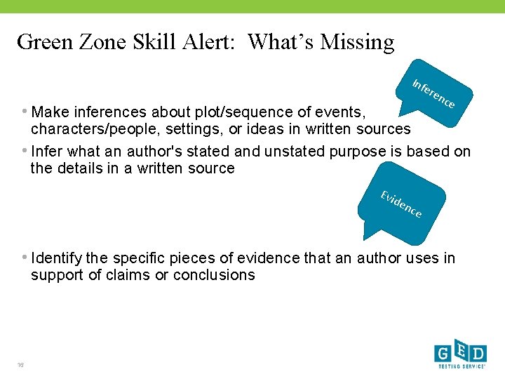 Green Zone Skill Alert: What’s Missing Inf ere • Make inferences about plot/sequence of
