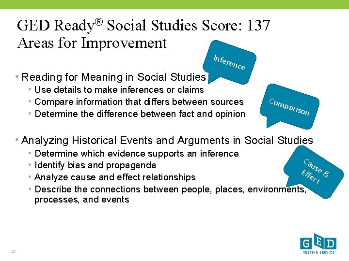 GED Ready® Social Studies Score: 137 Areas for Improvement Infe • Reading for Meaning