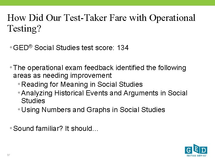 How Did Our Test-Taker Fare with Operational Testing? • GED® Social Studies test score:
