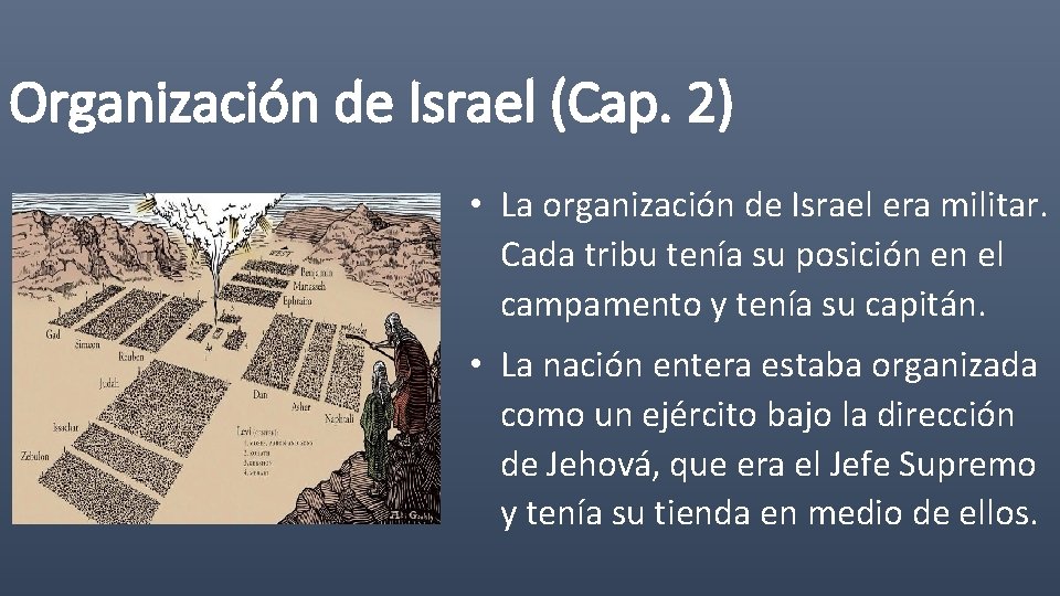 Organización de Israel (Cap. 2) • La organización de Israel era militar. Cada tribu