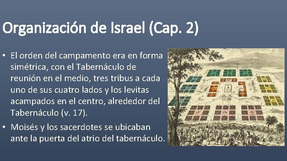 Organización de Israel (Cap. 2) • El orden del campamento era en forma simétrica,
