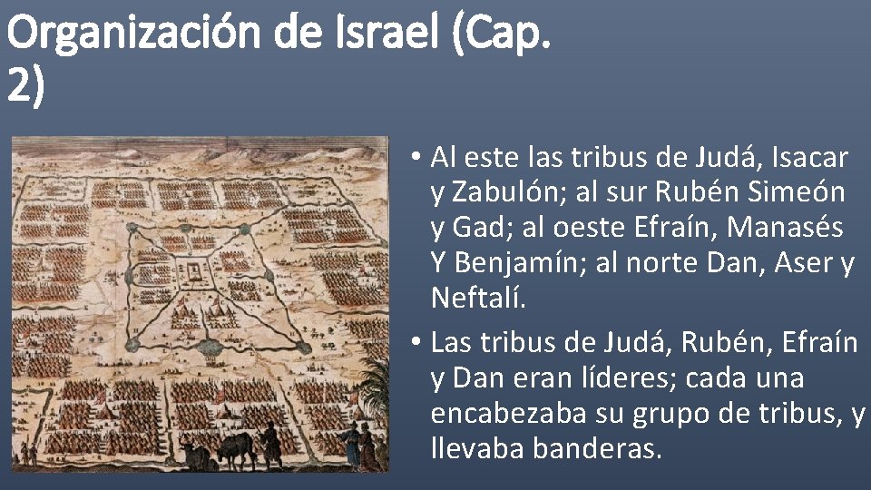 Organización de Israel (Cap. 2) • Al este las tribus de Judá, Isacar y