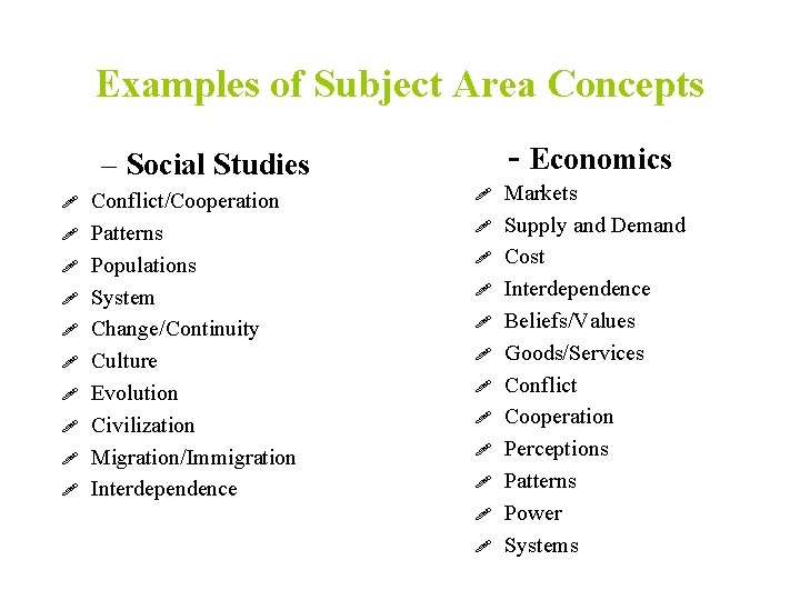 Examples of Subject Area Concepts - Economics – Social Studies Conflict/Cooperation Patterns Populations System