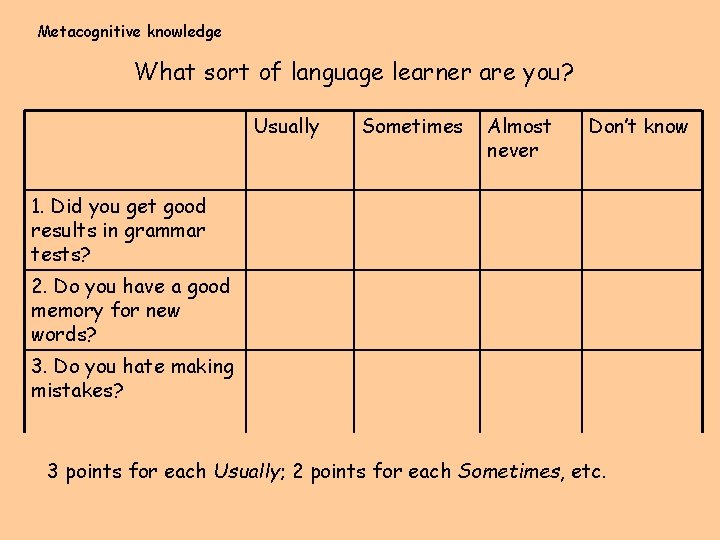 Metacognitive knowledge What sort of language learner are you? Usually Sometimes Almost never Don’t