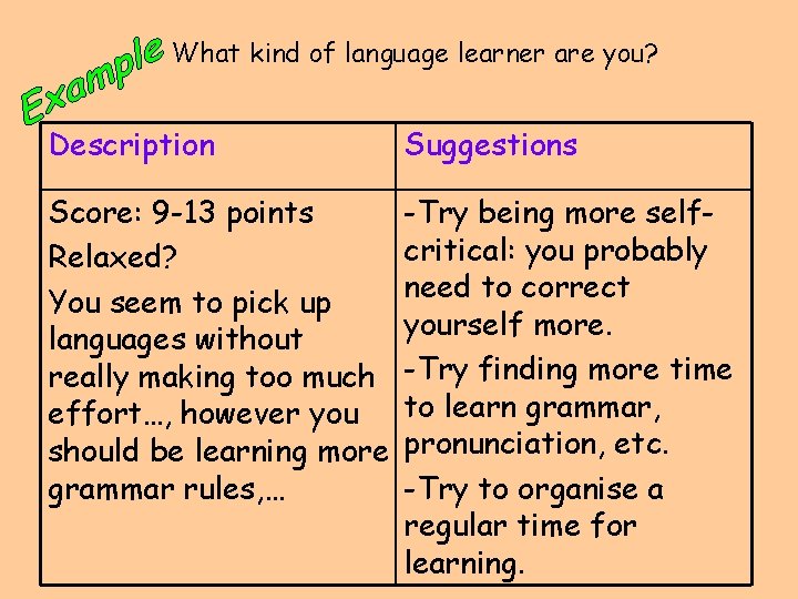 What kind of language learner are you? Description Suggestions Score: 9 -13 points Relaxed?