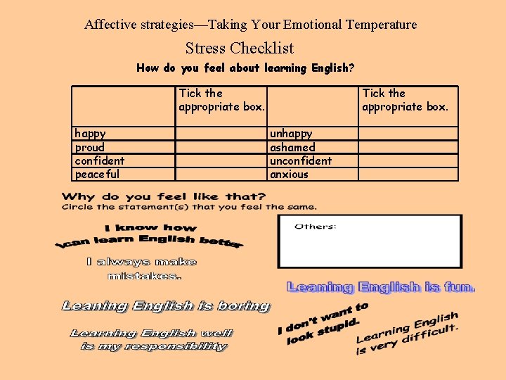 Affective strategies—Taking Your Emotional Temperature Stress Checklist How do you feel about learning English?