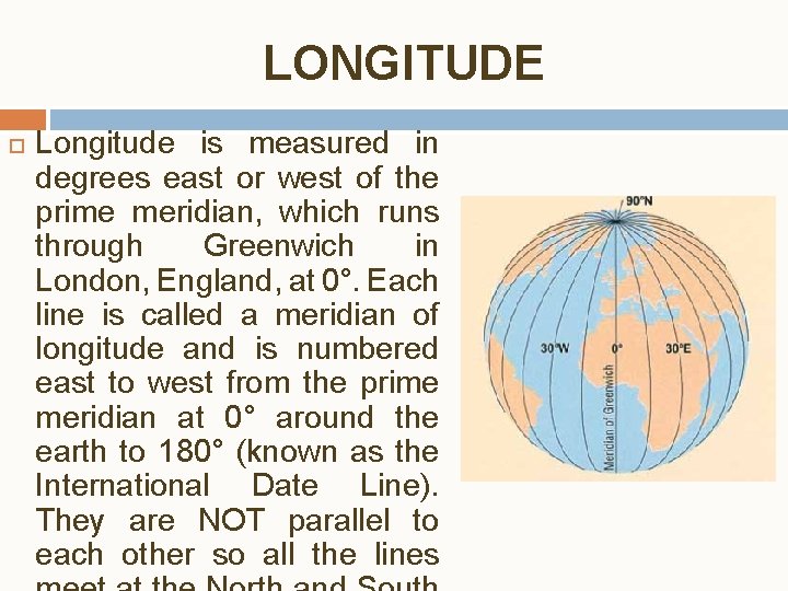 LONGITUDE Longitude is measured in degrees east or west of the prime meridian, which
