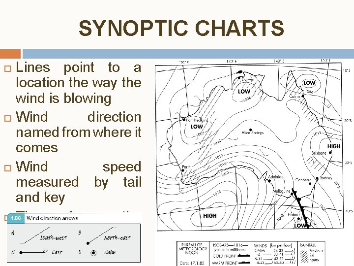 SYNOPTIC CHARTS Lines point to a location the way the wind is blowing Wind