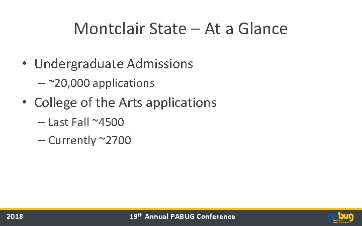 Montclair State – At a Glance • Undergraduate Admissions – ~20, 000 applications •