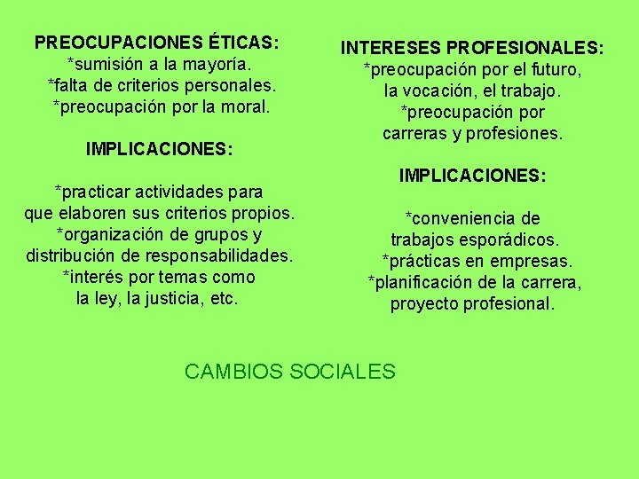 PREOCUPACIONES ÉTICAS: *sumisión a la mayoría. *falta de criterios personales. *preocupación por la moral.