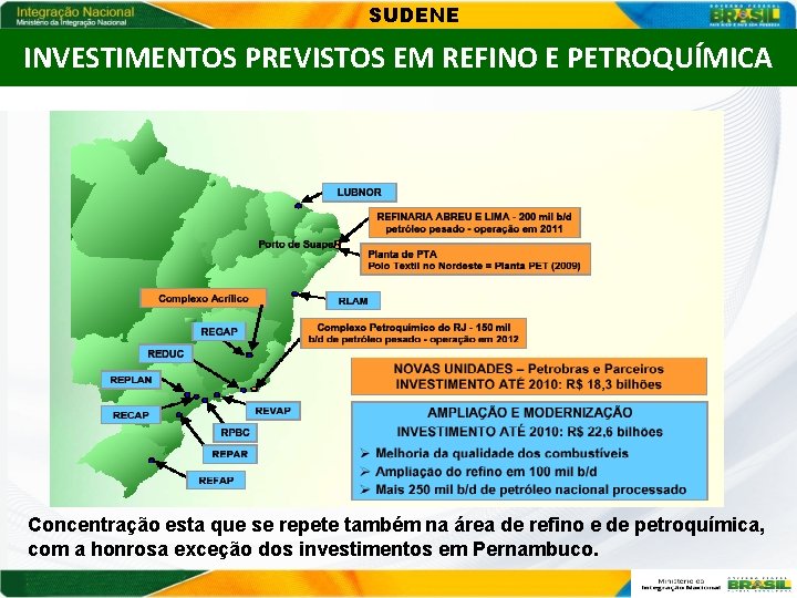 SUDENE INVESTIMENTOS PREVISTOS EM REFINO E PETROQUÍMICA Concentração esta que se repete também na