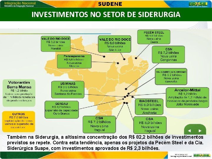 SUDENE INVESTIMENTOS NO SETOR DE SIDERURGIA Também na Siderurgia, a altíssima concentração dos R$