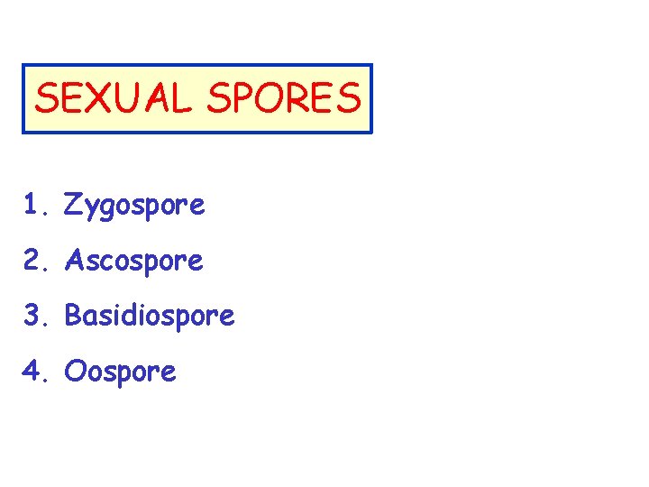 SEXUAL SPORES 1. Zygospore 2. Ascospore 3. Basidiospore 4. Oospore 