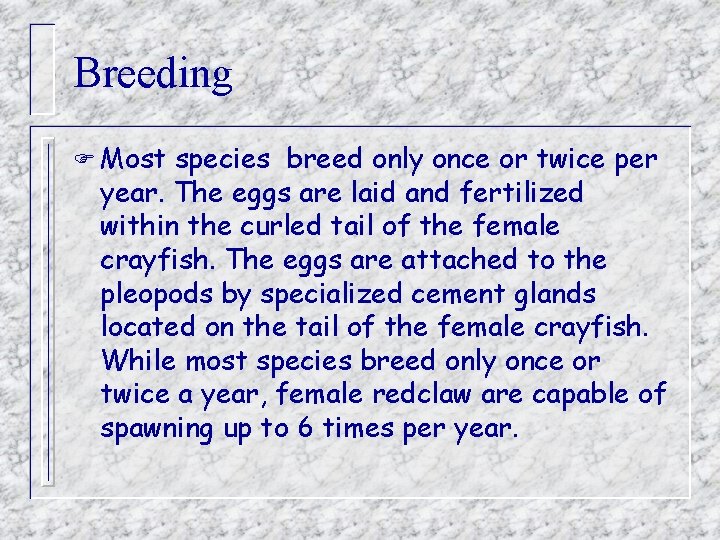 Breeding F Most species breed only once or twice per year. The eggs are