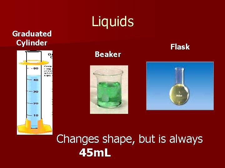 Graduated Cylinder Liquids Beaker Flask Changes shape, but is always 45 m. L 