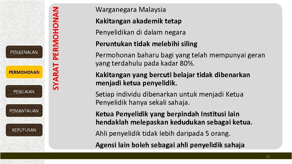 PERMOHONAN PENILAIAN PEMANTAUAN KEPUTUSAN SYARAT PERMOHONAN PENGENALAN Warganegara Malaysia Kakitangan akademik tetap Penyelidikan di