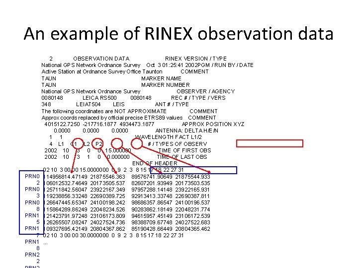 An example of RINEX observation data PRN 0 2 PRN 0 3 PRN 0