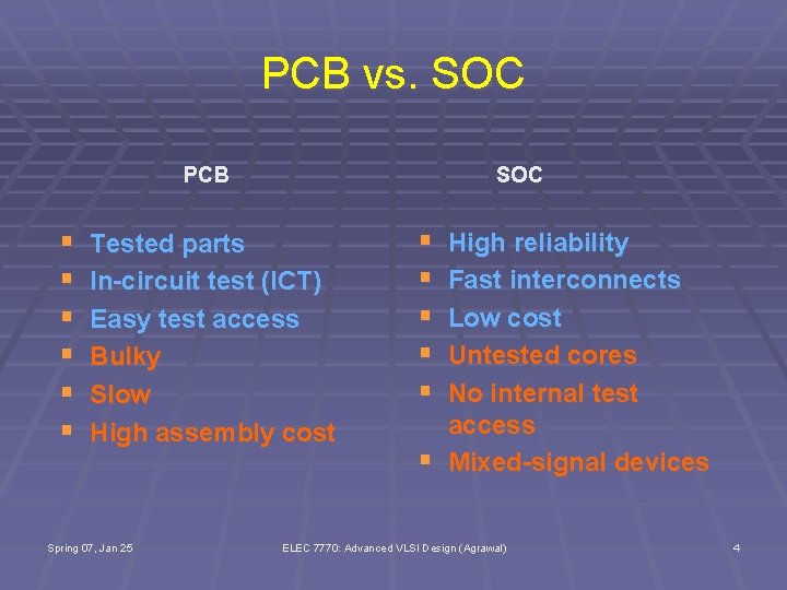 PCB vs. SOC PCB § § § SOC Tested parts In-circuit test (ICT) Easy