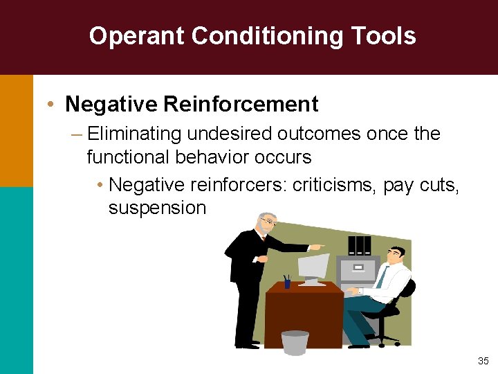 Operant Conditioning Tools • Negative Reinforcement – Eliminating undesired outcomes once the functional behavior