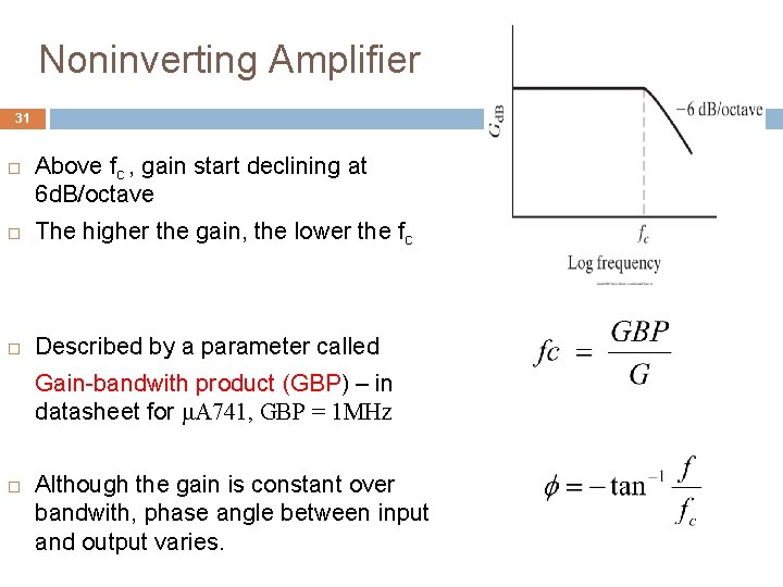 Noninverting Amplifier 31 Above fc , gain start declining at 6 d. B/octave The