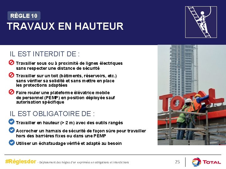 RÈGLE 10 TRAVAUX EN HAUTEUR IL EST INTERDIT DE : Travailler sous ou à