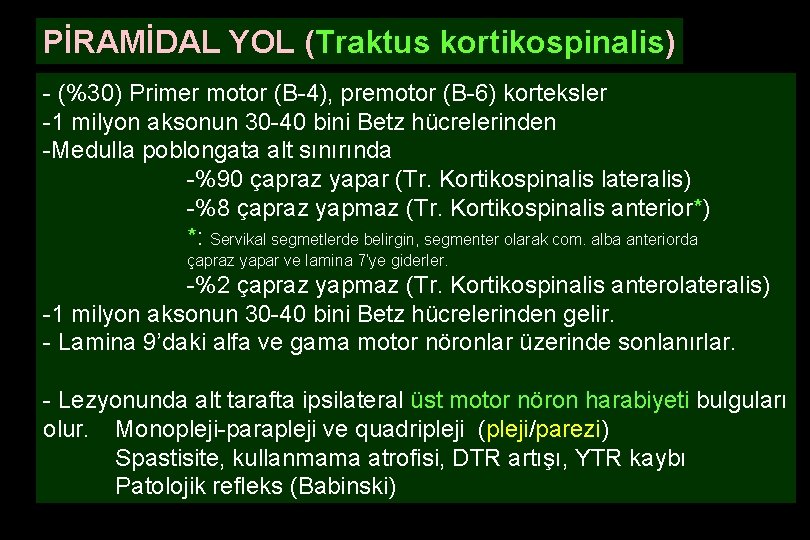 PİRAMİDAL YOL (Traktus kortikospinalis) - (%30) Primer motor (B-4), premotor (B-6) korteksler -1 milyon