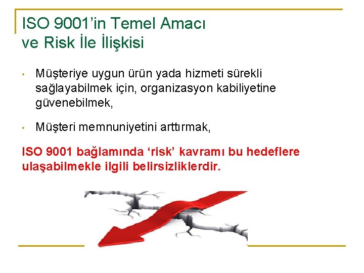 ISO 9001’in Temel Amacı ve Risk İle İlişkisi • Müşteriye uygun ürün yada hizmeti