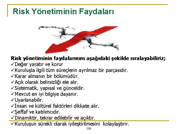 Risk Yönetiminin Faydaları Risk yönetiminin faydalarınım aşağıdaki şekilde sıralayabiliriz; üDeğer yaratır ve korur üKuruluşla