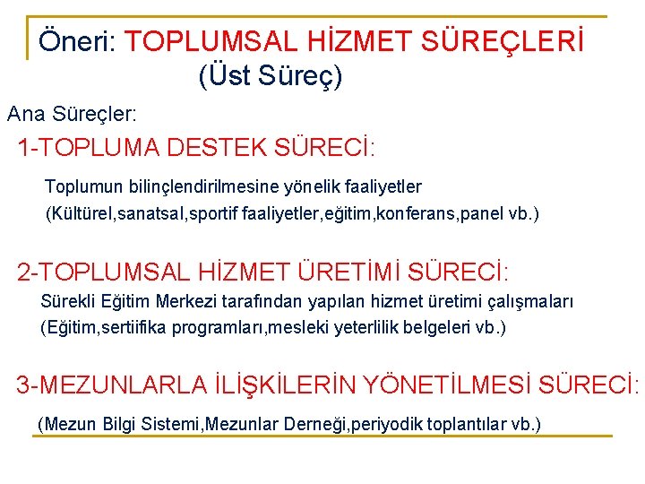 Öneri: TOPLUMSAL HİZMET SÜREÇLERİ (Üst Süreç) Ana Süreçler: 1 -TOPLUMA DESTEK SÜRECİ: Toplumun bilinçlendirilmesine