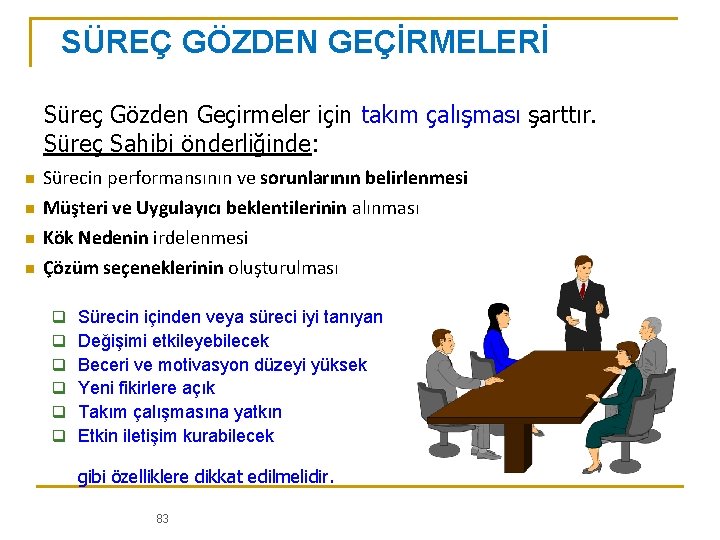 SÜREÇ GÖZDEN GEÇİRMELERİ Süreç Gözden Geçirmeler için takım çalışması şarttır. Süreç Sahibi önderliğinde: n