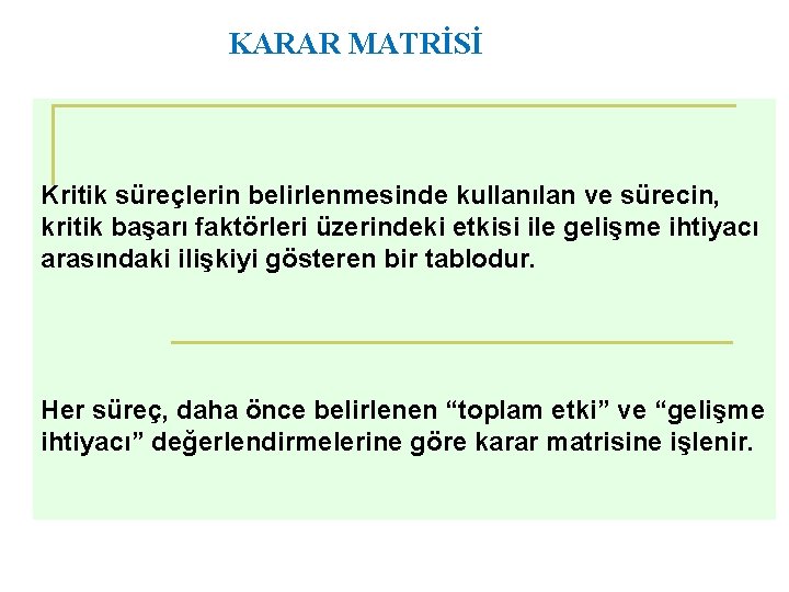 KARAR MATRİSİ Kritik süreçlerin belirlenmesinde kullanılan ve sürecin, kritik başarı faktörleri üzerindeki etkisi ile