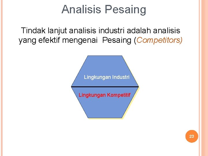 Analisis Pesaing Tindak lanjut analisis industri adalah analisis yang efektif mengenai Pesaing (Competitors) Lingkungan