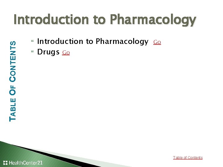 TABLE OF CONTENTS Introduction to Pharmacology Drugs Go Go Table of Contents 