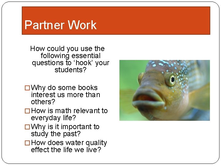 Partner Work How could you use the following essential questions to ‘hook’ your students?