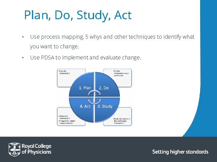 Plan, Do, Study, Act • Use process mapping, 5 whys and other techniques to Plan, Do, Study, Act • Use process mapping, 5 whys and other techniques to