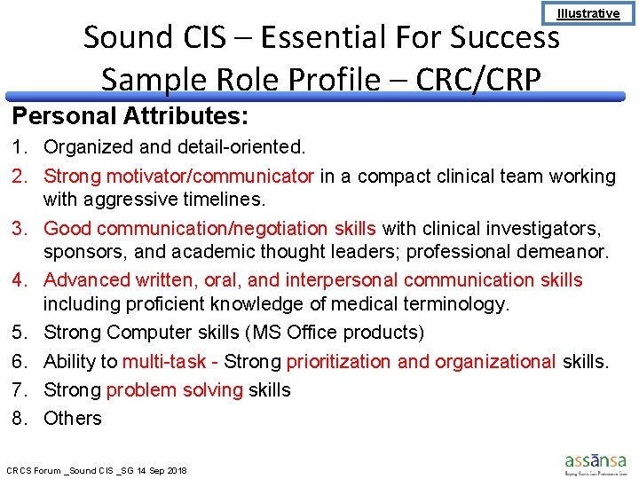 Illustrative Sound CIS – Essential For Success Sample Role Profile – CRC/CRP Personal Attributes: Illustrative Sound CIS – Essential For Success Sample Role Profile – CRC/CRP Personal Attributes: