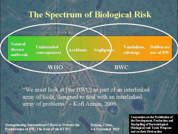 The Spectrum of Biological Risk Natural disease outbreak Unintended consequences Accidents WHO Vandalism, sabotage